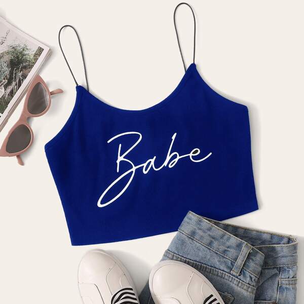 

Letter Graphic Rib-knit Crop Cami Top, Blue