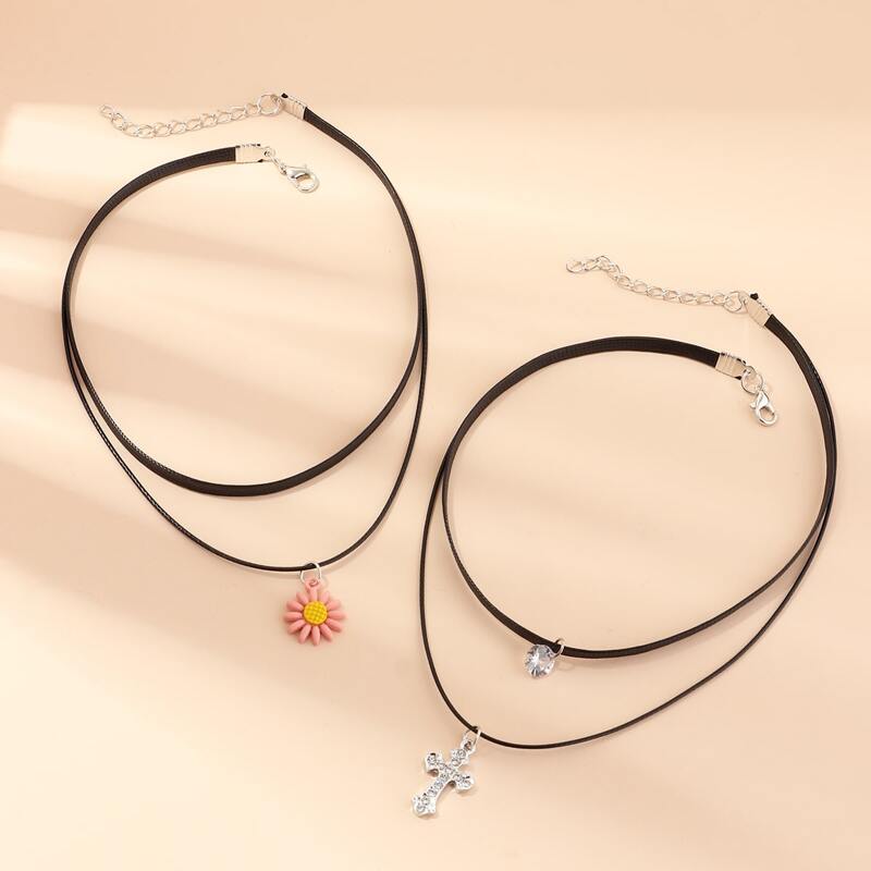 

2pcs Daisy & Cross Charm Necklace, Black