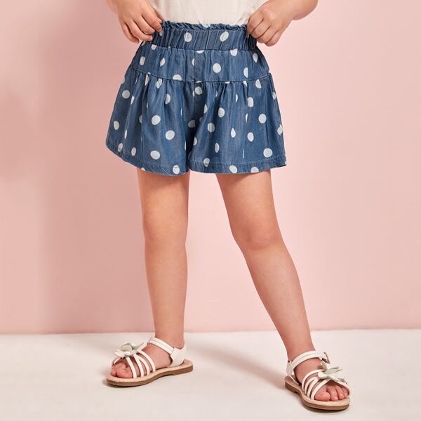 

Toddler Girls Polka Dot Paper Bag Waist Denim Shorts, Blue