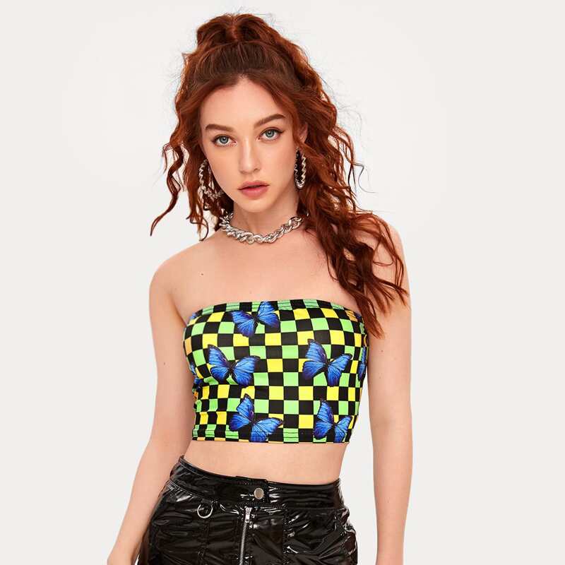 

Butterfly & Plaid Graphic Tube Top, Multicolor