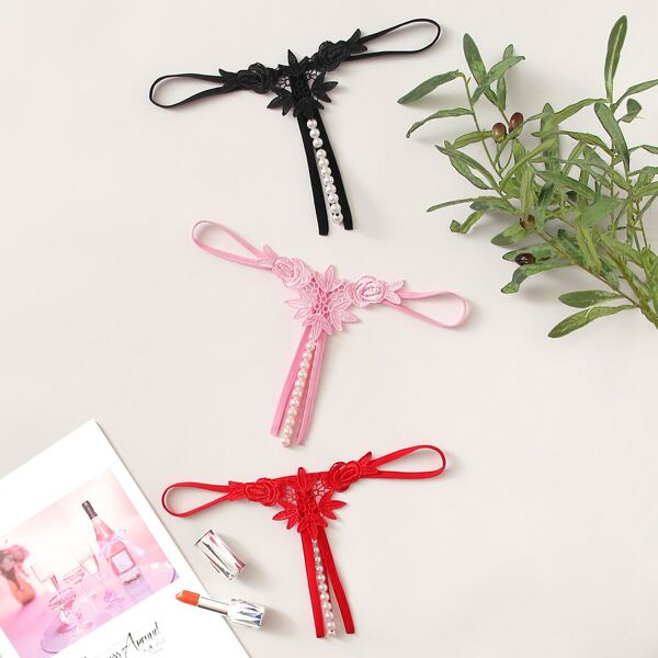 

3pack Floral Lace & Pearl Thong, Multicolor