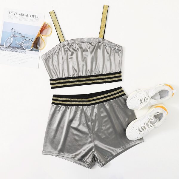 

Plus Contrast Glitter Striped Tape Cami Tracksuit Set, Grey