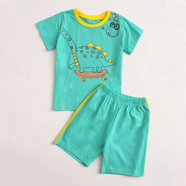 

Toddler Boys Cartoon Dinosaur Print PJ Set, Green