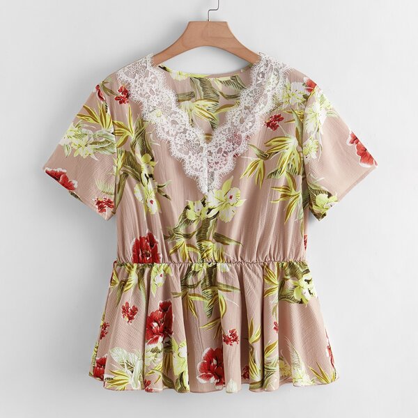 

Plus Plants Print Contrast Lace Babydoll Blouse, Multicolor