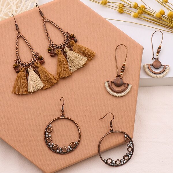 

3pairs Tassel Charm Drop Earrings, Multicolor