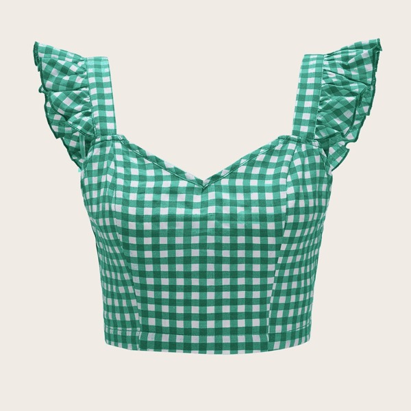 

Ruffle Strap Tied Open Back Buffalo Plaid Top, Green