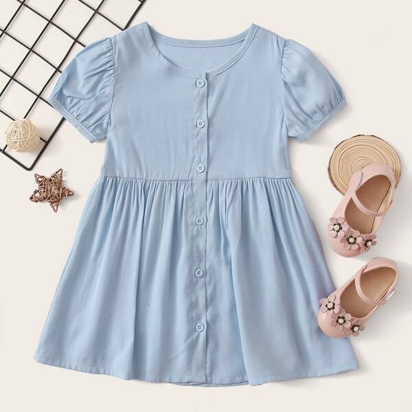 

Toddler Girls Button Front Smock Dress, Baby blue
