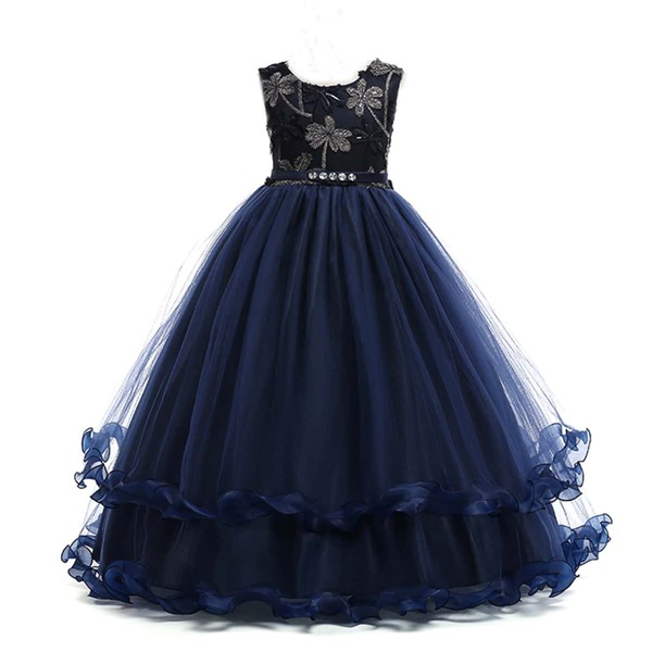 

Girls Embroidered Rhinestone Lettuce Trim Layered Ruffle Big Bow Gown Dress, Navy
