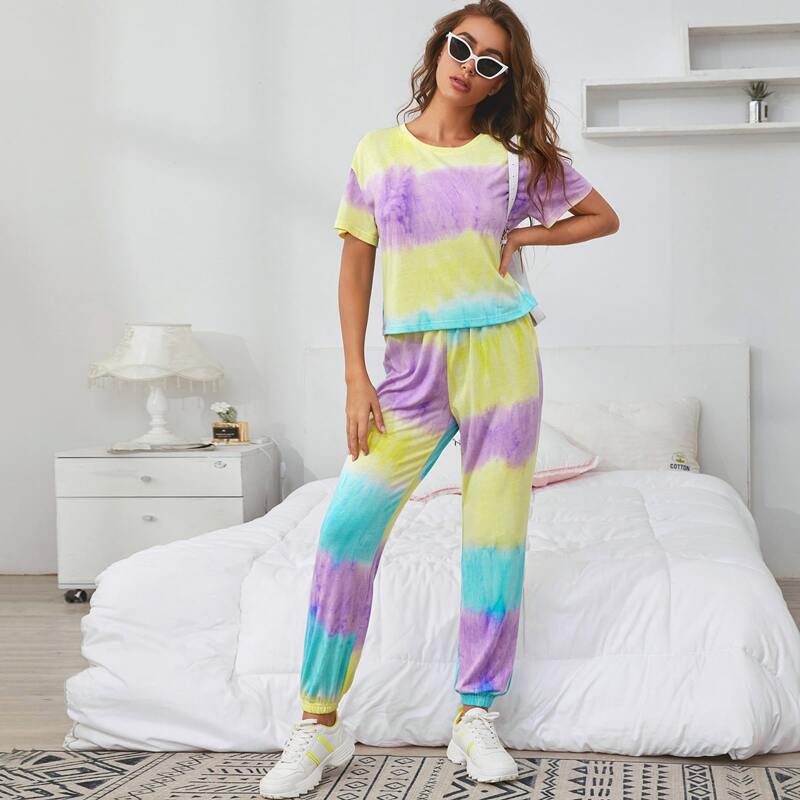 

Tie Dye Crew Neck PJ Set, Multicolor