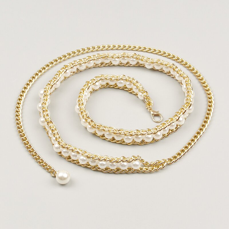 

Faux Pearl Beaded Chain Belt, Gold