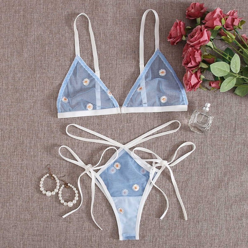 

Daisy Mesh Side Tie Lingerie Set, Blue