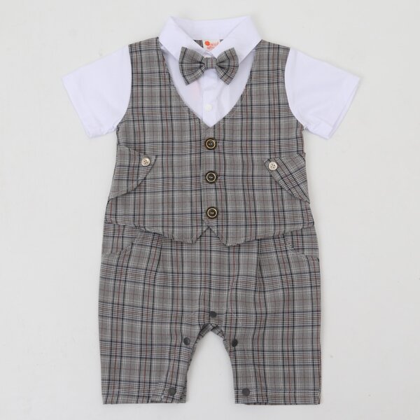 

Baby Boy Contrast Plaid Bow Front Shirt Jumpsuit, Grey