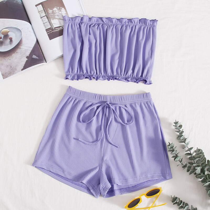 

Frill Rib-knit Bandeau With Knot Shorts, Violet purple