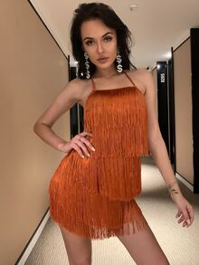 Mono de verano elegante con flecos anudados y espalda descubierta - Naranja Quemada - Ver 4