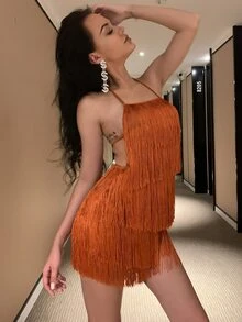 Mono de verano elegante con flecos anudados y espalda descubierta - Naranja Quemada - Ver 5