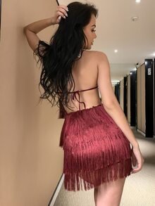 Joyfunear Knotted Backless Fringe Halter Romper - Burgundy - View 2