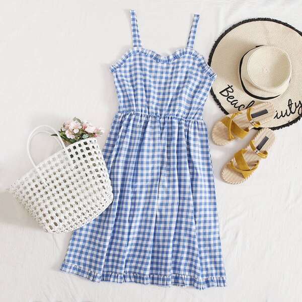 

Gingham Print Shirred Detail Cami Dress, Blue
