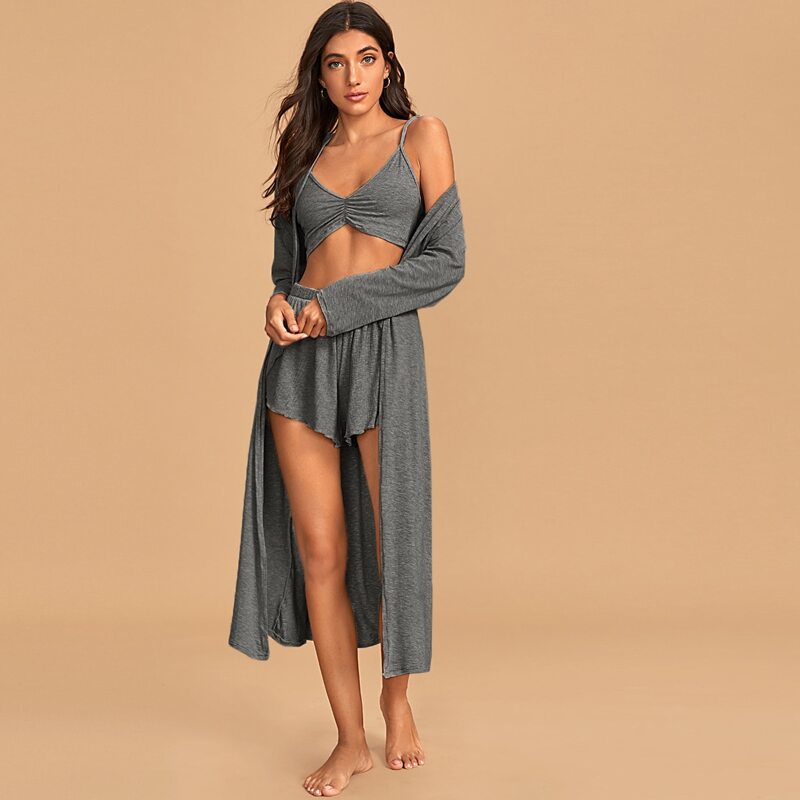 

3pcs Ruched Lettuce Trim Shorts PJ Set, Grey