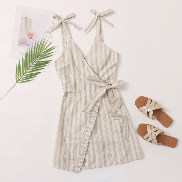 

Frill Trim Knotted Striped Dress, Beige