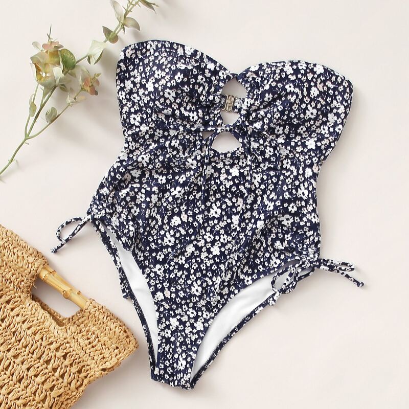 

Ditsy Floral Knot Bandeau One Piece Swimsuit, Navy blue