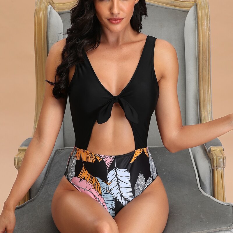 

Leaf Print Cut-out Knot One Piece Swimsuit, Multicolor