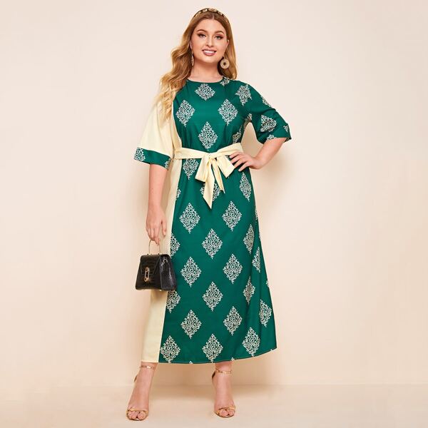 

Plus Contrast Panel Tribal Print Self Tie Dress, Dark green