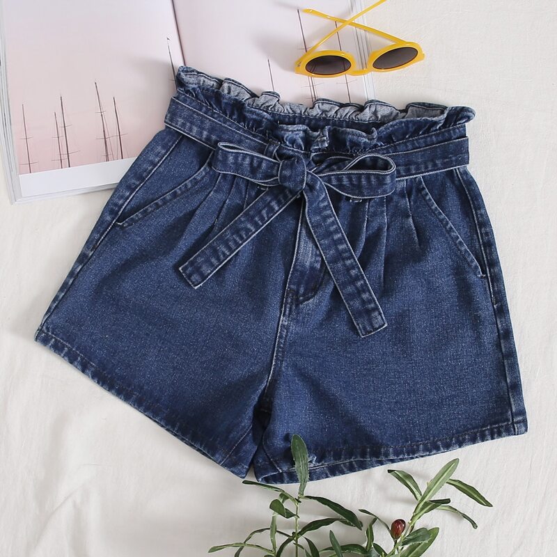 

Paperbag Waist Belted Denim Shorts, Dark wash