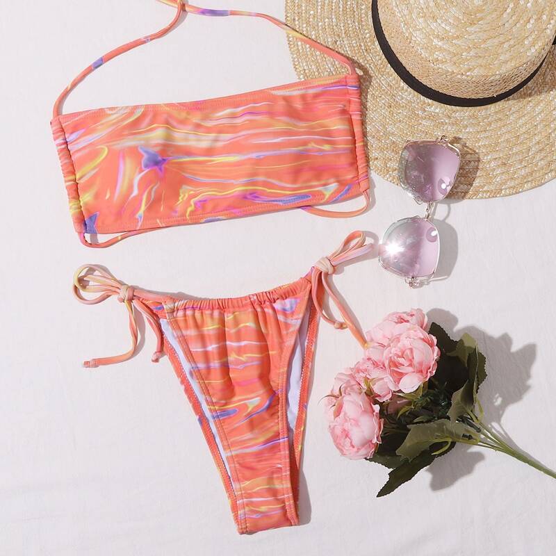 

Graphic Print Bandeau Tie Side Bikini Swimsuit, Orange