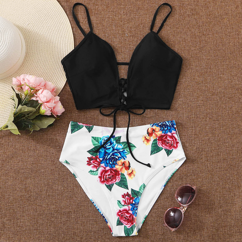

Floral Lace-up High Waisted Bikini Swimsuit, Multicolor