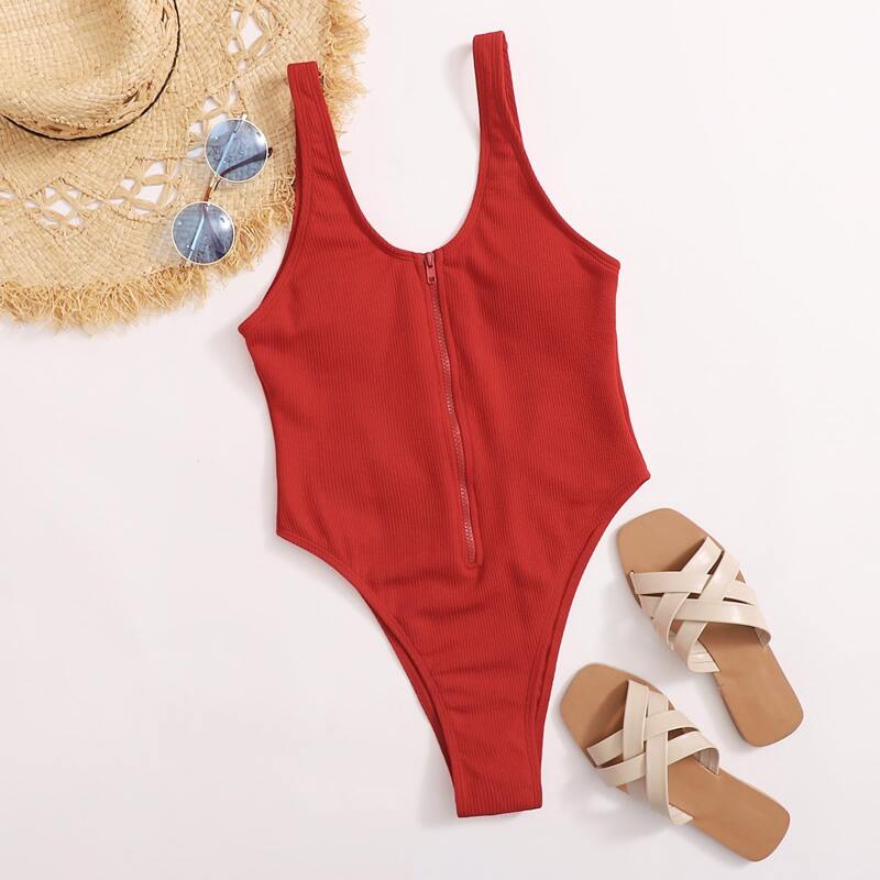 

Rib Zip Front High Leg One Piece Swimsuit, Red