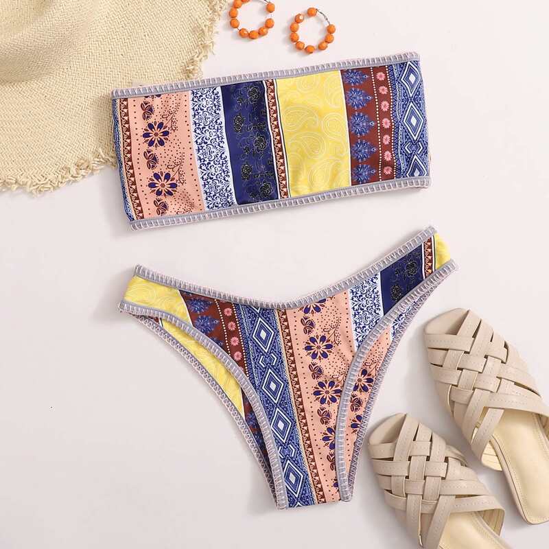 

Tribal Bandeau Bikini Swimsuit, Multicolor
