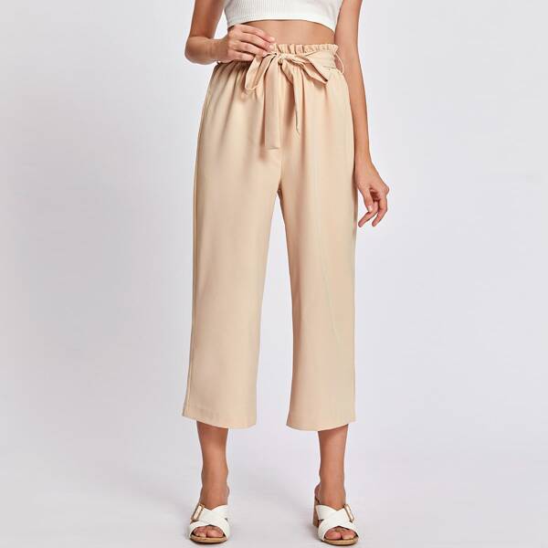 

Paperbag Waist Self Tie Solid Pants, Beige