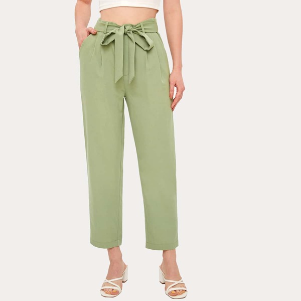 

Slant Pocket Self Tie Solid Pants, Green