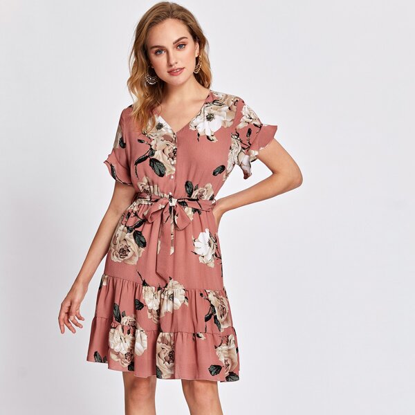 

Button Front Ruffle Hem Belted Floral Dress, Dusty pink