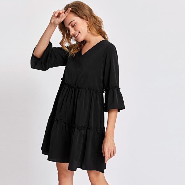 

Flounce Sleeve Frill Ruffle Hem Smock Dress, Black