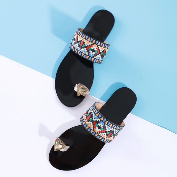 

Toe Ring Geometric Embroidered Sliders, Multicolor