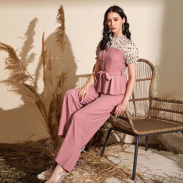 

Contrast Floral Belted Blouse & Pants, Pink