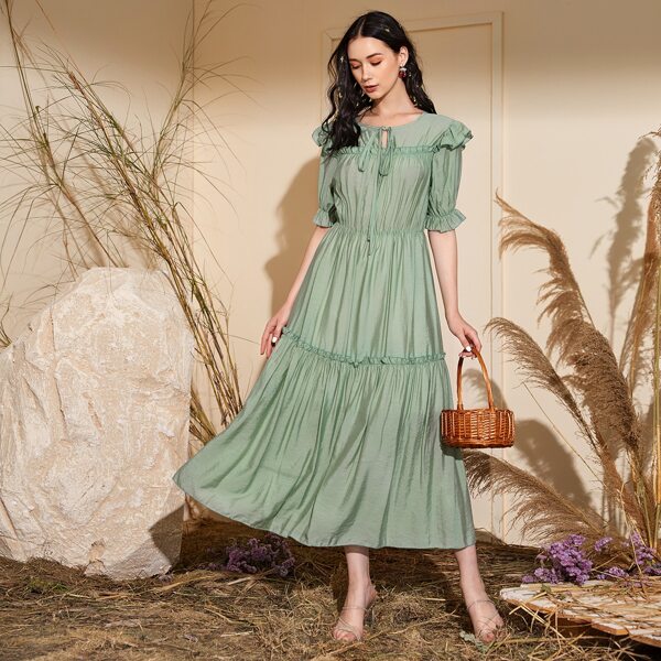 

Tie Neck Frill Long Dress, Mint green