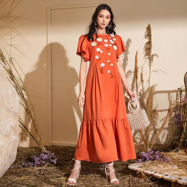 

Floral Applique Detail A-line Ruffle Hem Dress, Orange