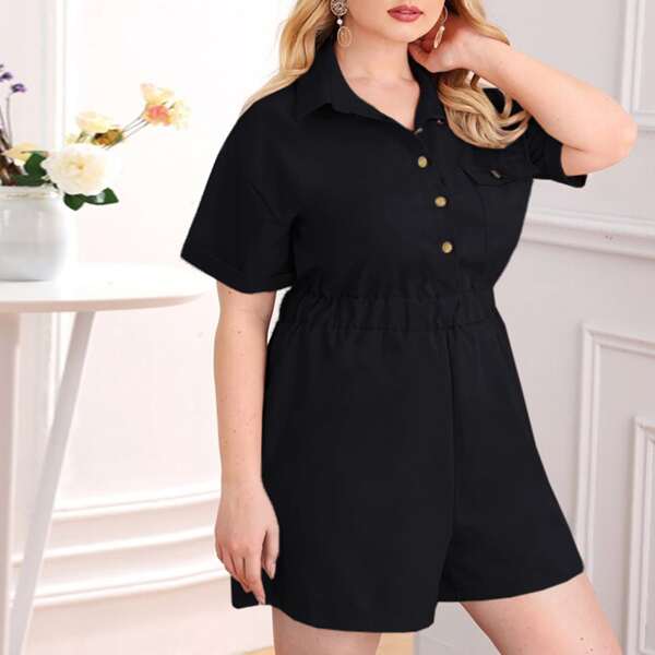 

Plus Pocket Detail Shirt Romper, Black