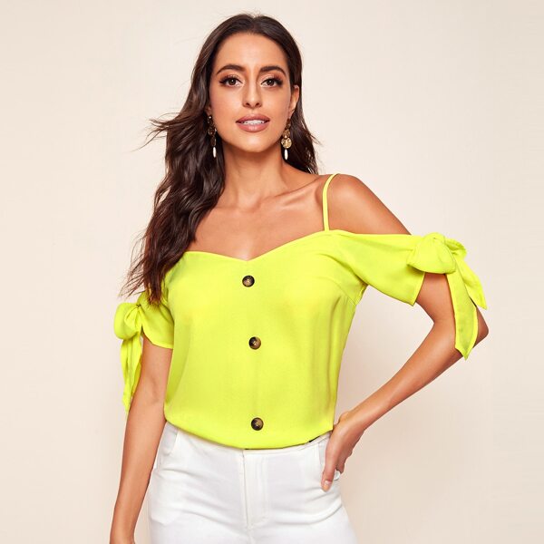 

Neon Yellow Knotted Cold Shoulder Button Front Top