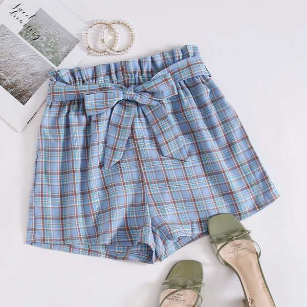 

Tartan Plaid Belted Paperbag Shorts, Blue