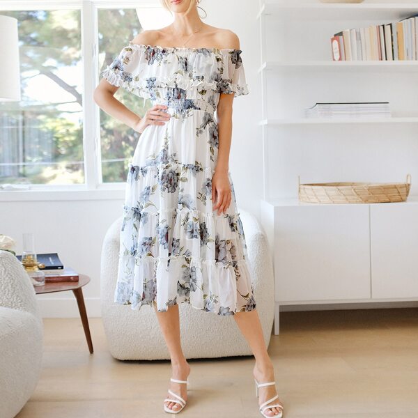 

Flounce Off Shoulder Shirred Waist Tiered Floral Dress, White