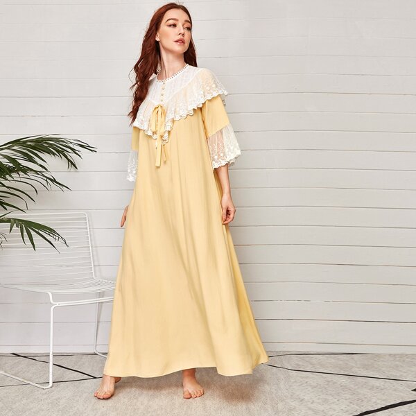 

Contrast Yoke Embroidered Mesh Trim Nightdress, Yellow