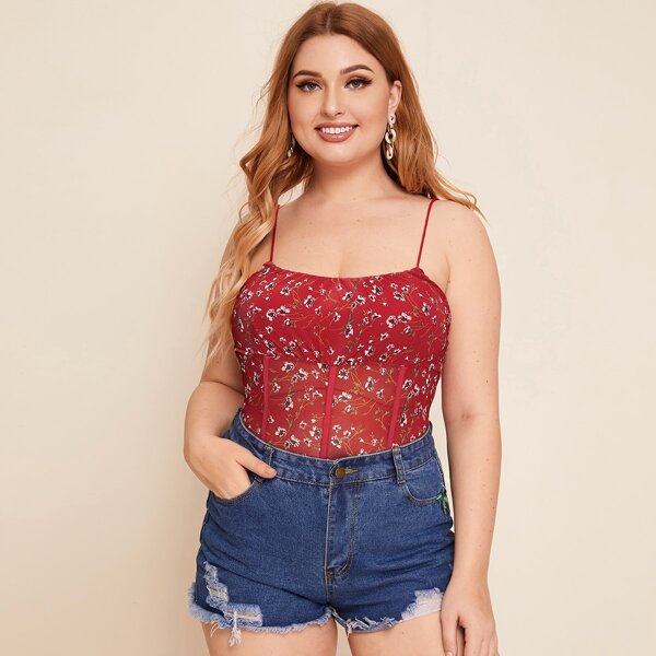 

Plus Binding Detail Ditsy Floral Mesh Cami Top, Red