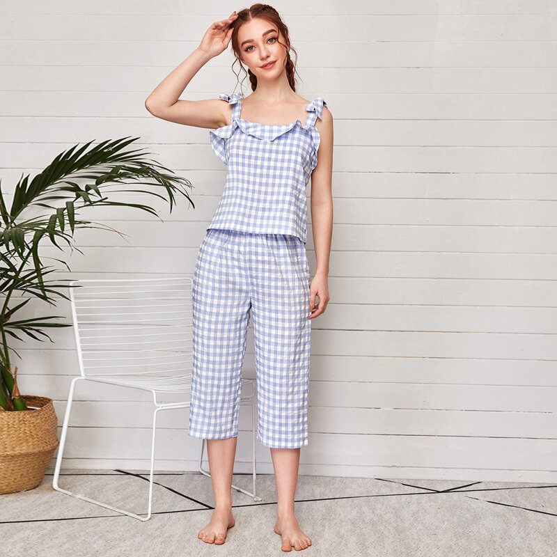 

Gingham Ruffle Trim Cami Top & Pants PJ Set, Blue