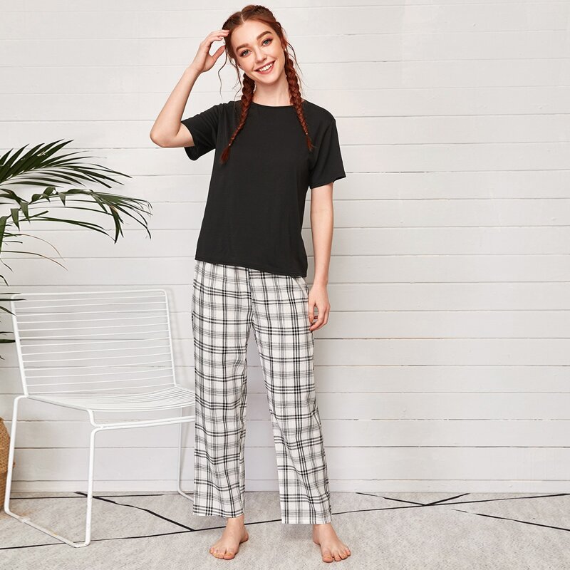 

Solid Tee & Plaid Pants PJ Set, Multicolor