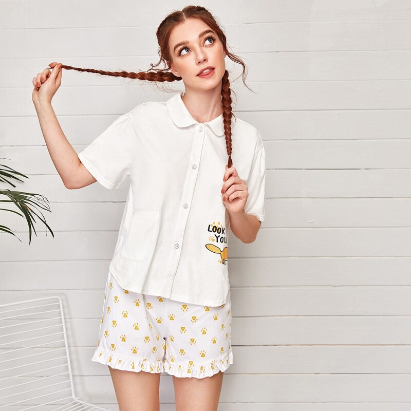 

Cartoon Graphic Button Front PJ Set, White