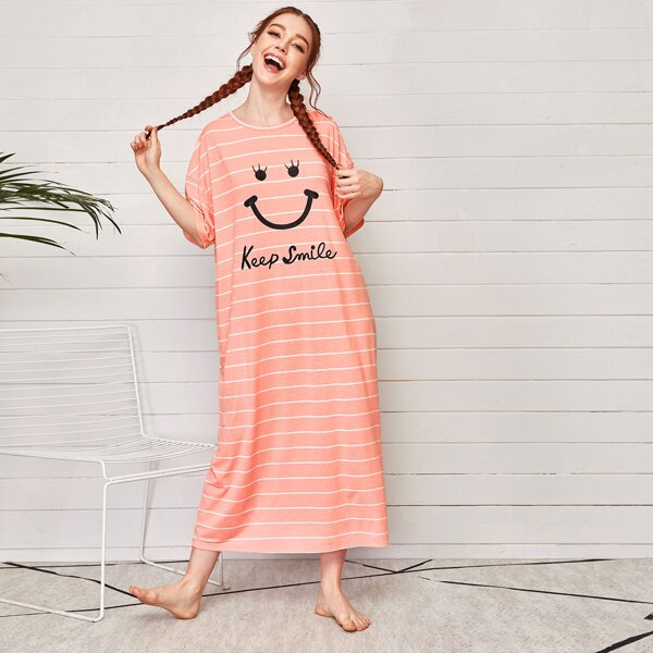 

Drop Shoulder Slogan & Striped Nightdress, Coral pink