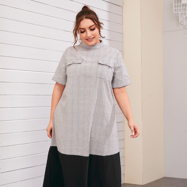 

Plus Mock Neck Flap Pocket Colorblock Plaid Dress, Grey